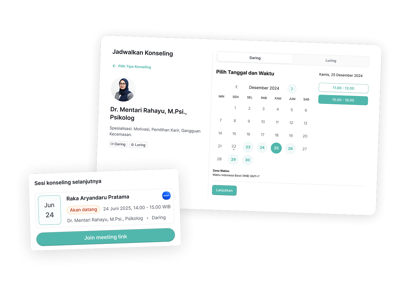 User Interface penjadwalan sesi konseling daring dan luring untuk mahasiswa.