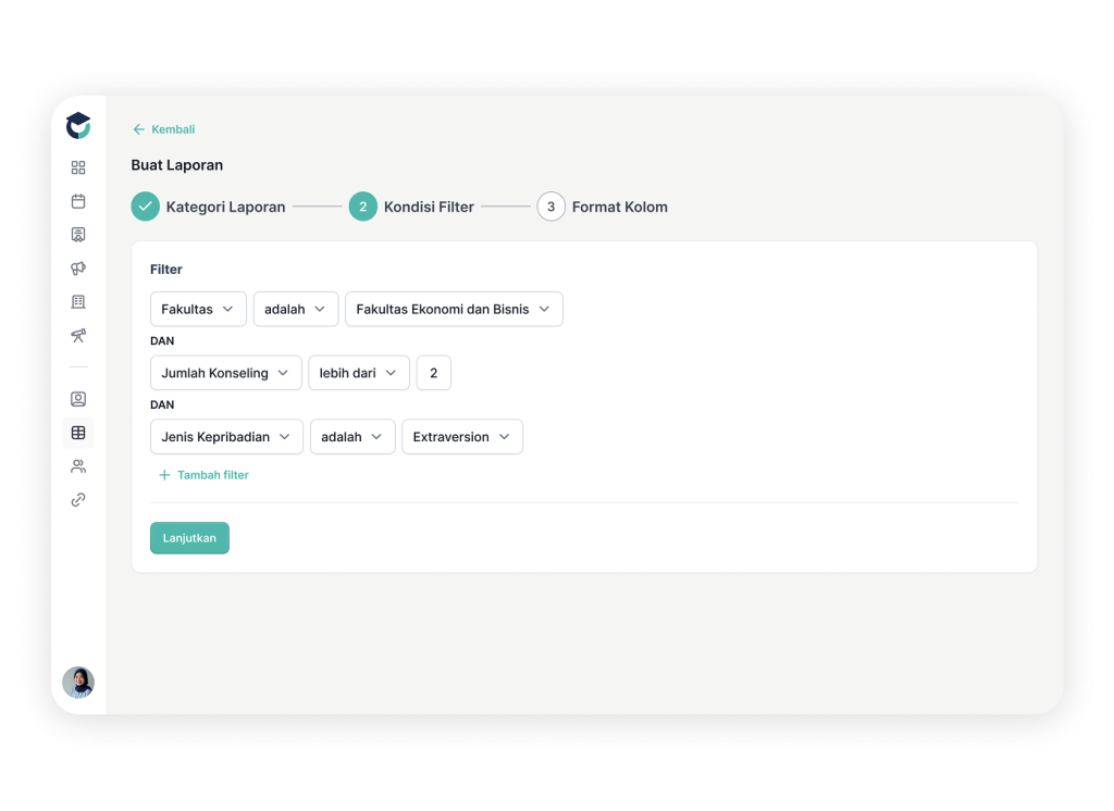 User Interface pembuatan filter segmentasi mahasiswa berbasis fakultas, konseling, dan kepribadian.