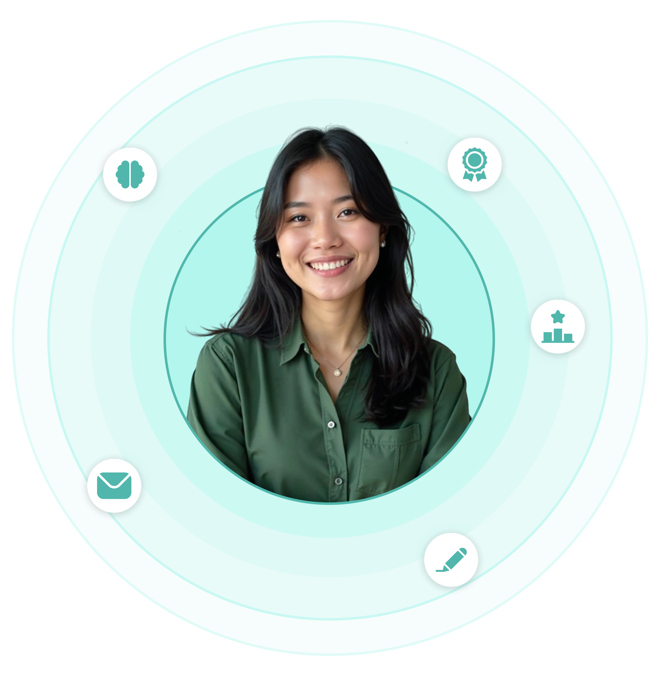 Mahasiswa tersenyum dengan ikon insight akademik, kesejahteraan, dan keterlibatan di sekitarnya.